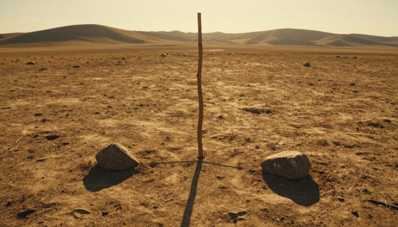 Outdoor flat ground features a vertical 2-foot wooden stick casting a long shadow, with two rocks marking shadow tips 20 minutes apart and a line connecting them to indicate west-east direction on a sunny golden hour day in an open field.