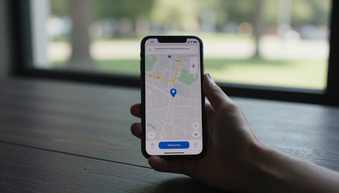 A smartphone rests loosely on a wooden table displaying a blurred GPS map app featuring a location pin and subtle compass rose, with an outdoor sunny park visible through a window in cinematic style with dramatic lighting and cool blue-gray tones.