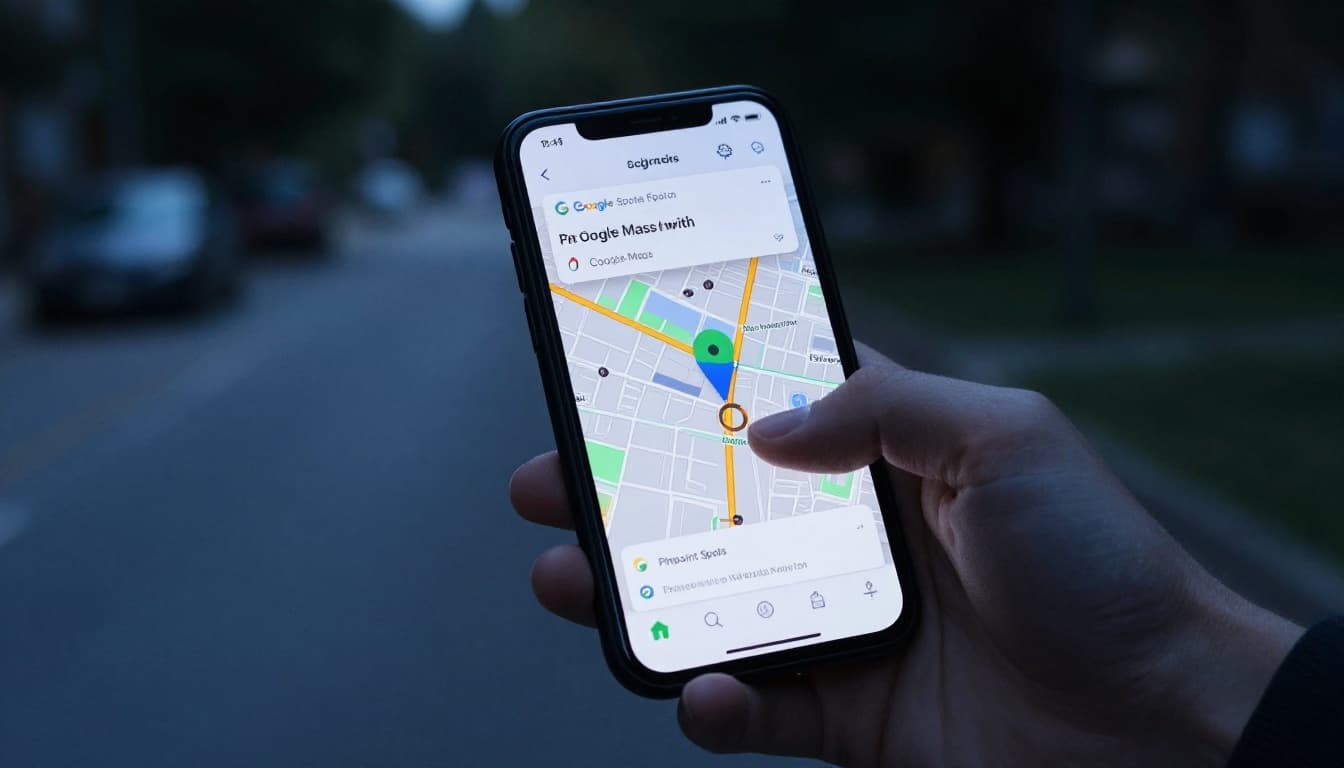 Smartphone held in hand displaying Google Maps app showing coordinates search results, pinpointing a location on an urban street view in a natural outdoor setting with cinematic blue tones.