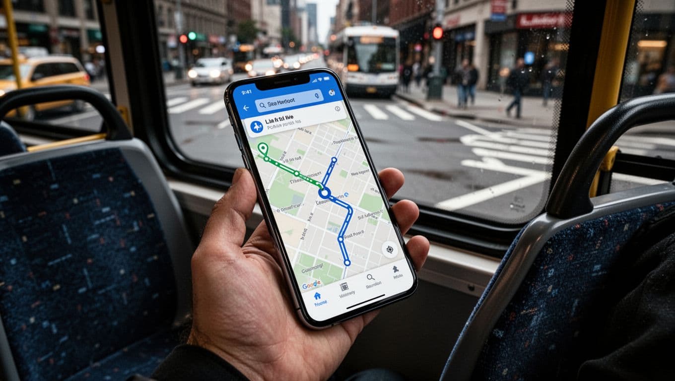 Smartphone screen showing public transport app with live map and route, held relaxed in hand on bus seat; city street visible through window in cinematic style with dramatic lighting.