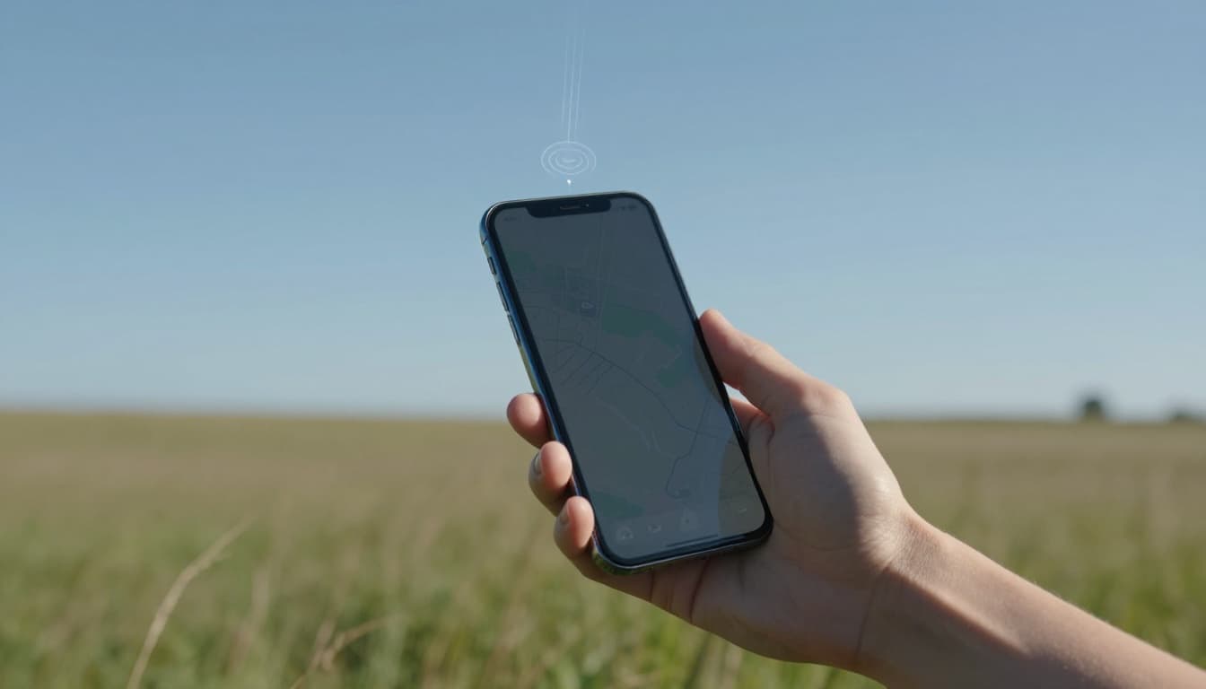 Modern smartphone held relaxed in hand in open grassy field under clear blue sky, with faint ethereal signal beams from satellites connecting to the phone's antenna and subtle map outline on screen.