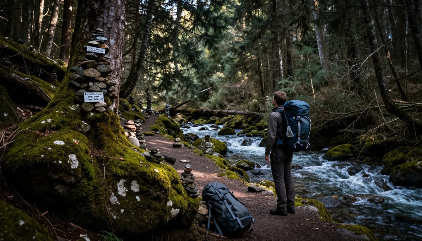 A solo backpacker stands beside a flowing river in a forested valley, observing moss on a north-facing tree trunk and rock cairns on the trail while looking downhill, with backpack on the ground in cinematic lighting.