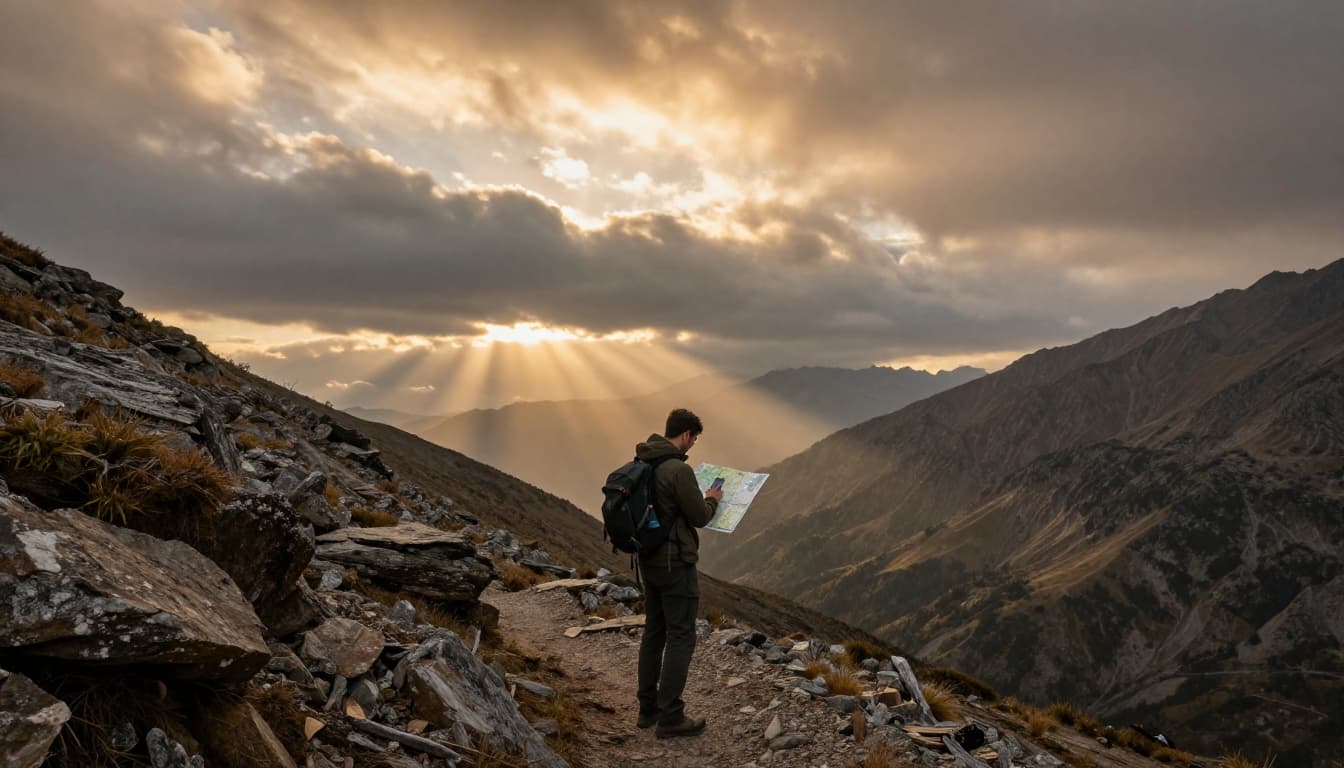 A solo hiker stands on a rugged mountain trail at dusk, phone in hand checking a map amid vast wilderness with dramatic shadows and golden light.