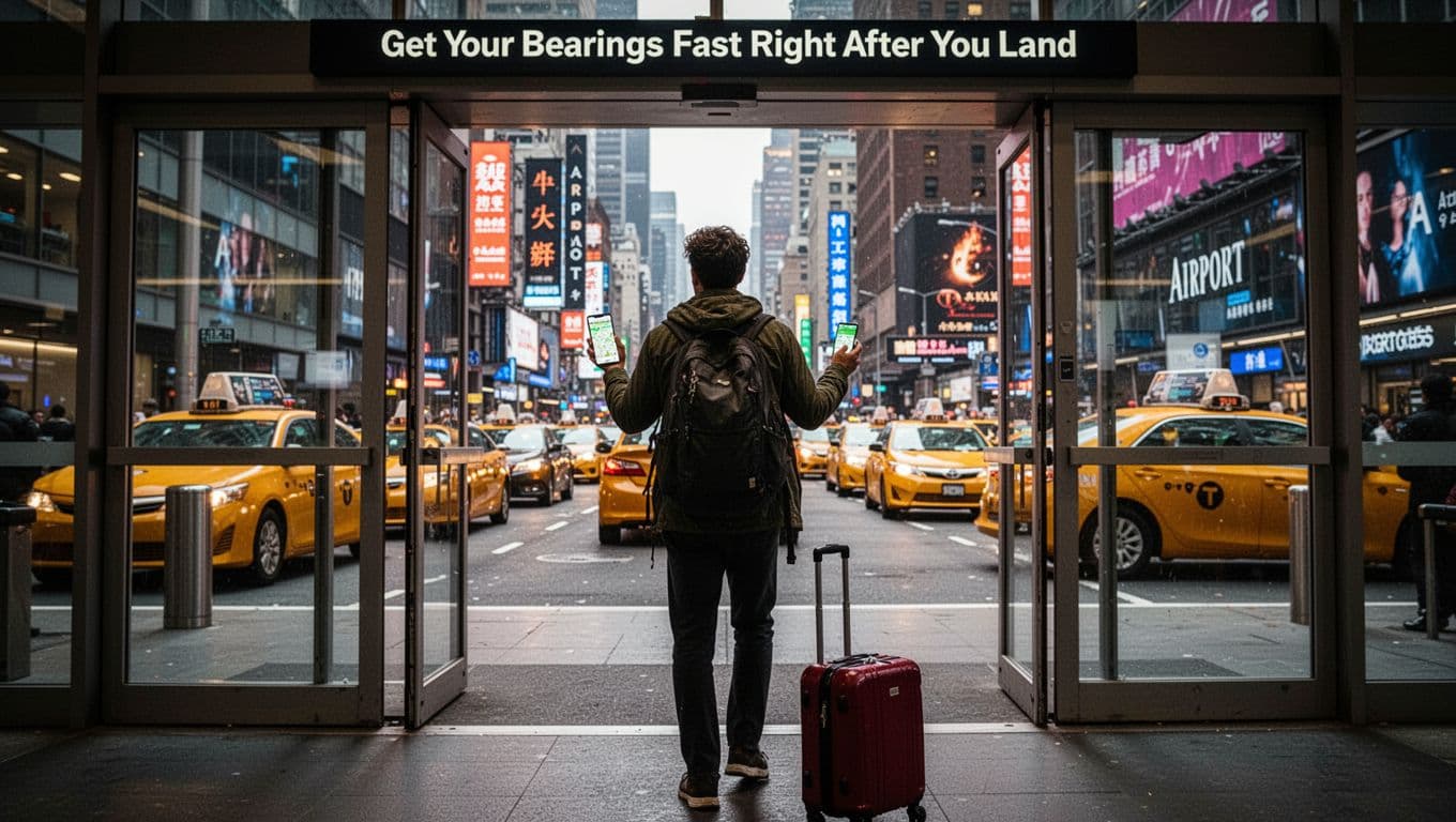 Solo traveler steps out of airport terminal doors into busy city street, holding phone with map app and luggage, vibrant urban background with taxis and signs in cinematic style.