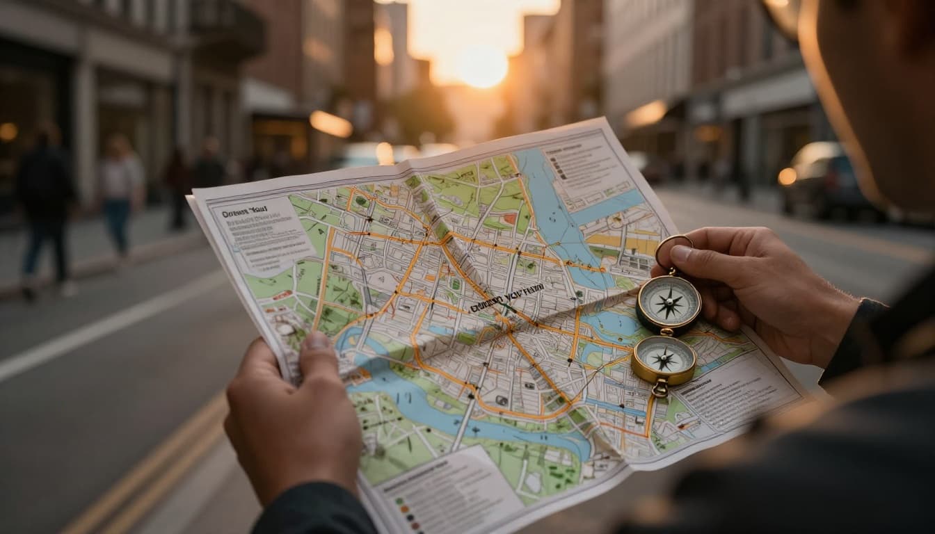 A solo traveler on a bustling city street at dusk holds an unfolded street map aligned with a compass to match north direction, oriented correctly to surroundings. Cinematic style features strong contrast, depth, dramatic backlighting from the setting sun, and warm earthy tones.