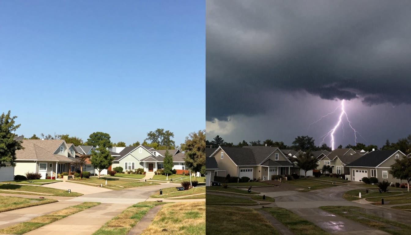 Split landscape view of a suburban neighborhood: bright sunny morning with houses and trees on the left under clear blue sky, transitioning to dark stormy clouds, heavy rain, and lightning on the right. Cinematic style with strong contrast, depth, dramatic lighting, muted earth tones, and high dynamic range.