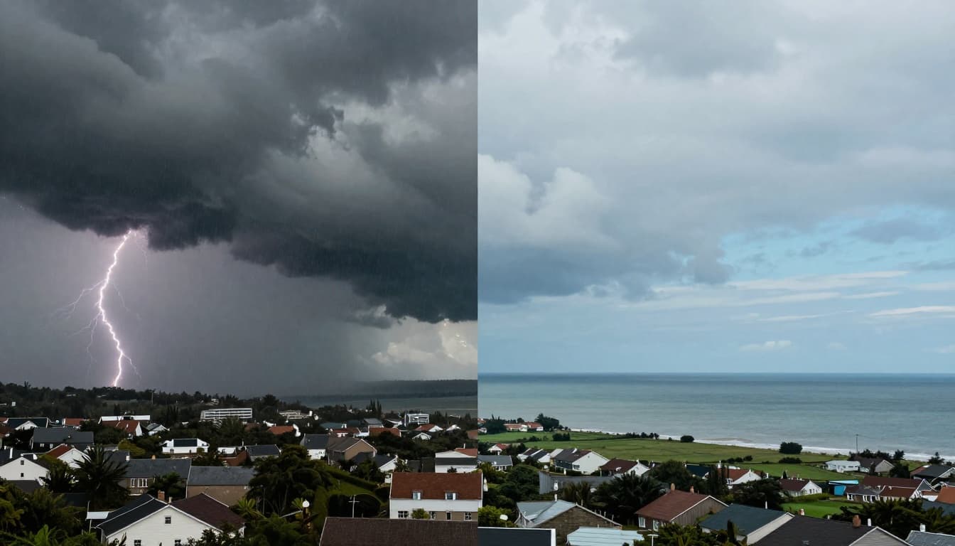 Split cinematic scene contrasting chaotic stormy weather with swirling clouds, rain, and lightning over a coastal town on the left, against calm climate with blue skies and green fields on the right.