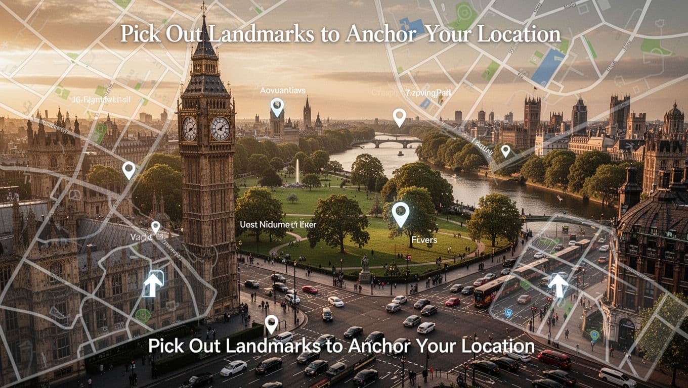 Cityscape view from street level highlighting landmarks like a clock tower, winding river, park, and intersection, with a faint transparent street map overlay for navigation. Cinematic golden hour lighting with warm earthy tones, strong contrast, and depth.