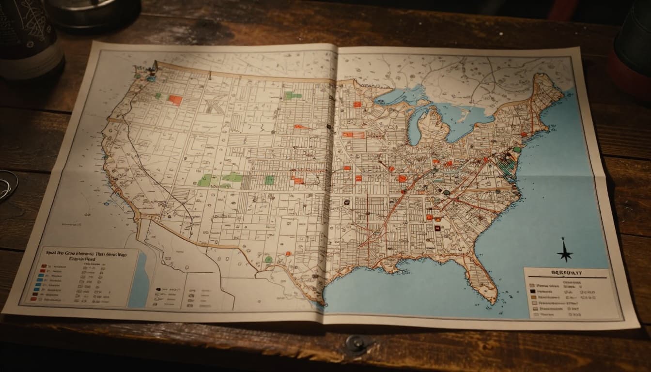 Detailed US city neighborhood street map laid flat on a rustic wooden table, spotlight highlighting the legend with street symbols, colors, north arrow, and scale bar. Cinematic style features strong contrast, dramatic overhead lighting, and warm earthy tones.
