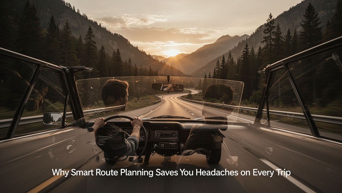 Traveler's silhouette in a car driving on an empty winding scenic highway through forested mountains at golden hour sunset, with open road ahead and no traffic. Cinematic style featuring strong contrast, depth, and dramatic lighting in muted earthy tones.
