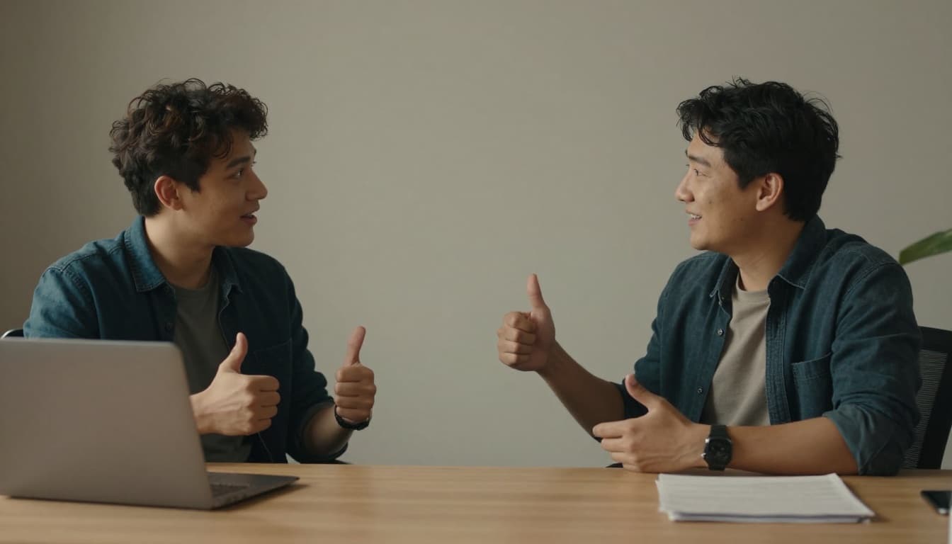 Two team members engaged in a casual office chat, one listening intently while the other gestures thumbs up to confirm understanding; relaxed postures, positive expressions, cinematic lighting with warm palette.