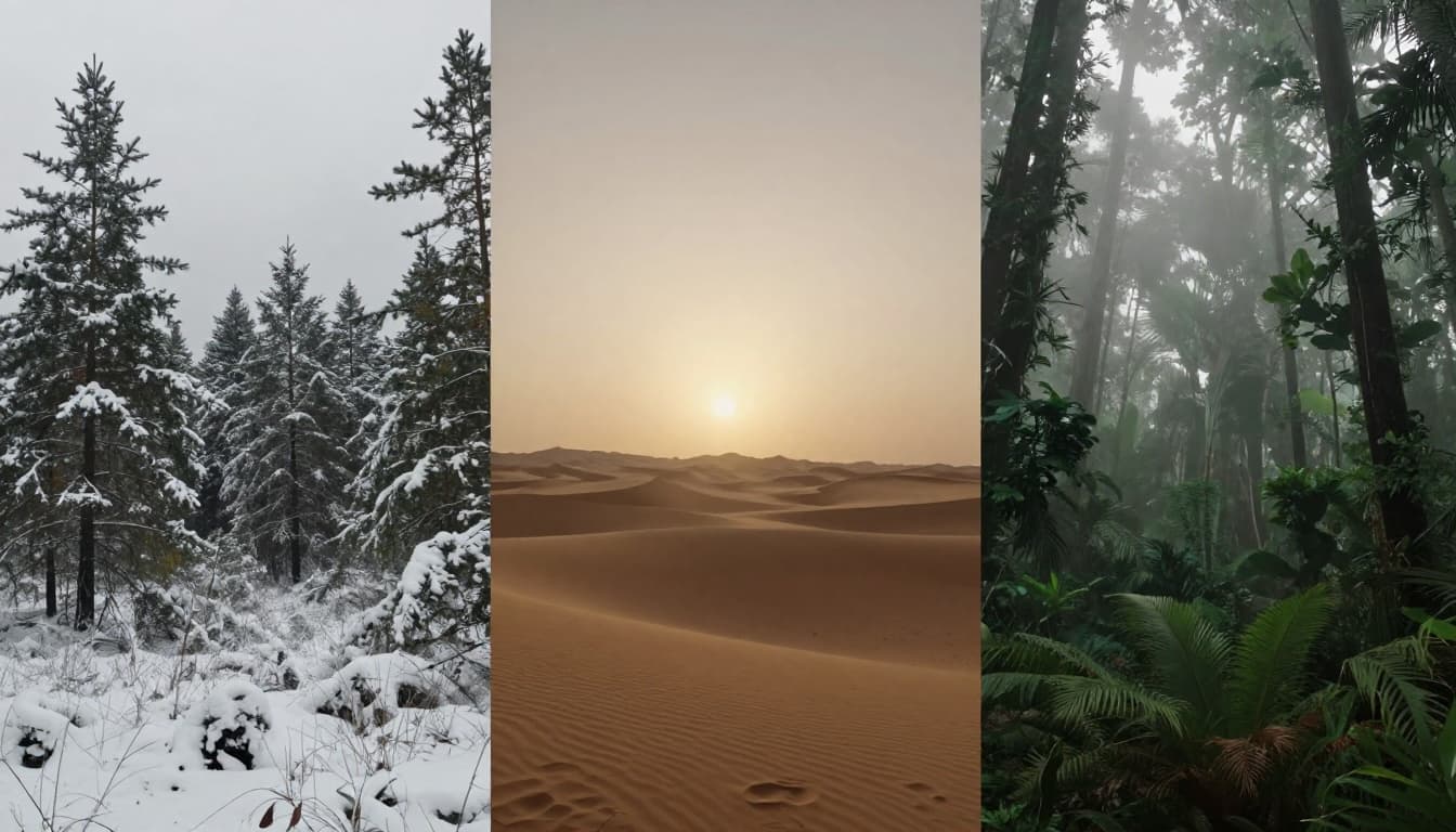 Horizontal cinematic montage of three climate zones: snowy pine forest in winter under overcast sky, arid desert sand dunes at sunset, and lush tropical rainforest with misty canopy, in consistent muted earth tones and high dynamic range.