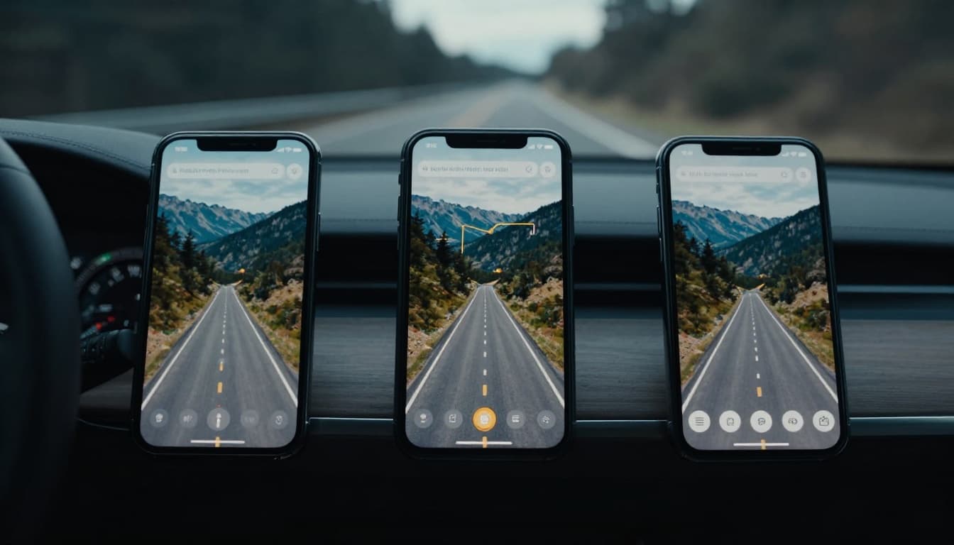 Three smartphones side by side on a car dashboard, each displaying different map app interfaces with routes. Scenic road ahead through the windshield in cinematic style with muted blue-gray tones, strong contrast, and dramatic lighting.