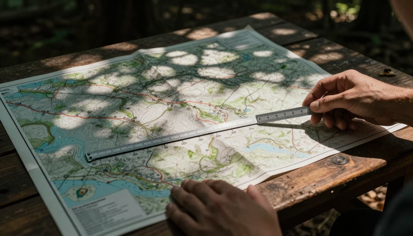 A detailed topographic map on a wooden table in a forest clearing, with one hand using a ruler to measure distance along the bar scale in miles and kilometers, under dramatic sunlight filtering through trees.