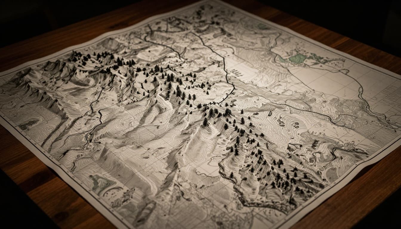 Close-up view of a detailed topographic map depicting a forested mountain area on a wooden table, featuring thin black grid lines overlaying terrain contours and rivers, illuminated by dramatic side lighting for depth and shadows.
