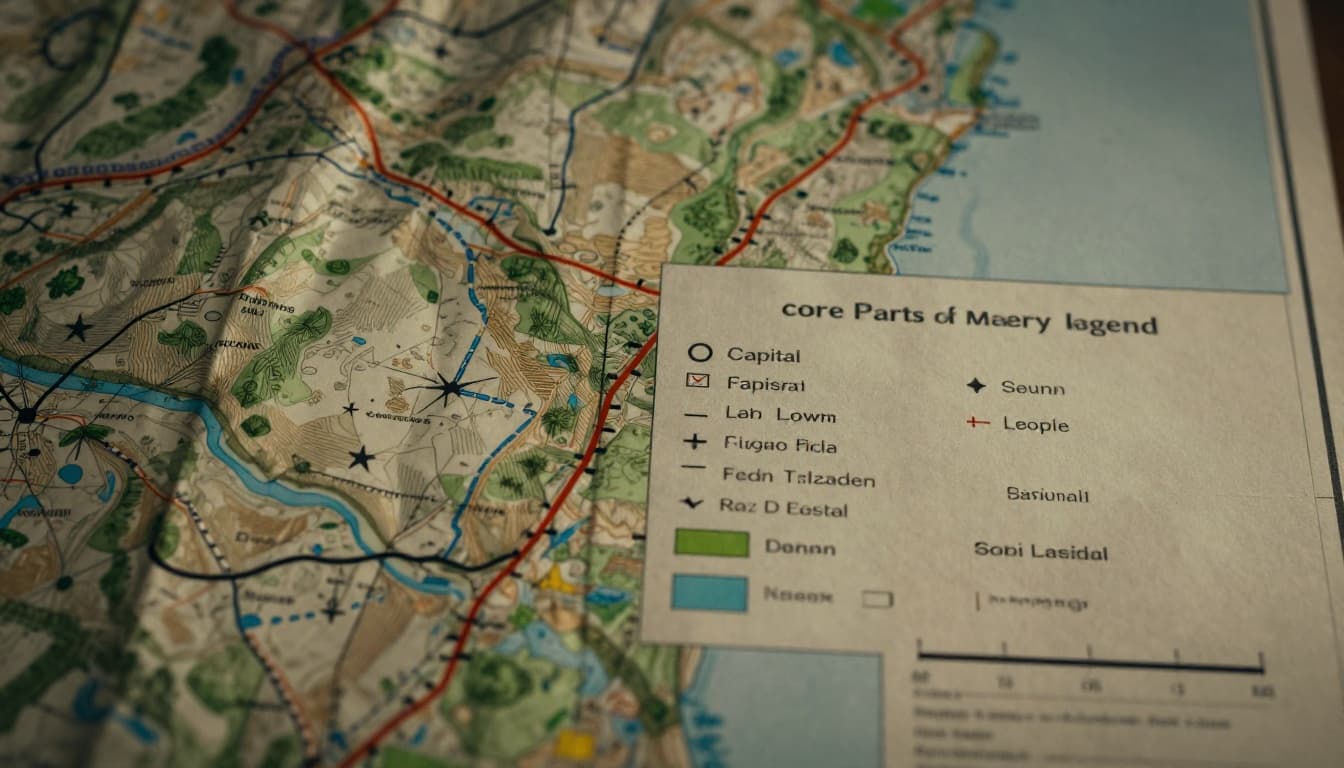 Close-up of a detailed paper map legend box from a topographic map, featuring point symbols for cities and hospitals, line symbols for highways, rivers, and railroads, area colors for forests, water, and deserts, plus bar and ratio scales on a natural paper texture with cinematic lighting.