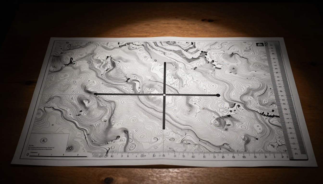 Detailed topographic map on a wooden desk with visible contour lines, a clear scale bar from 0 to 2 km, and a straight black line measured by a ruler matching 5 cm, under dramatic overhead lighting with strong contrast and depth.
