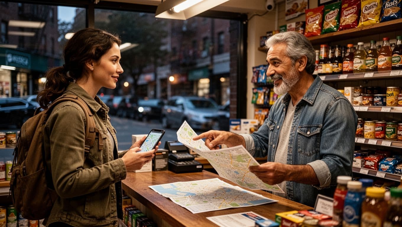 A confident traveler approaches a friendly shop owner behind the counter in a bustling urban convenience store, holding a phone map while the owner points directions on a paper map, with warm interior lighting contrasting the dim street outside.