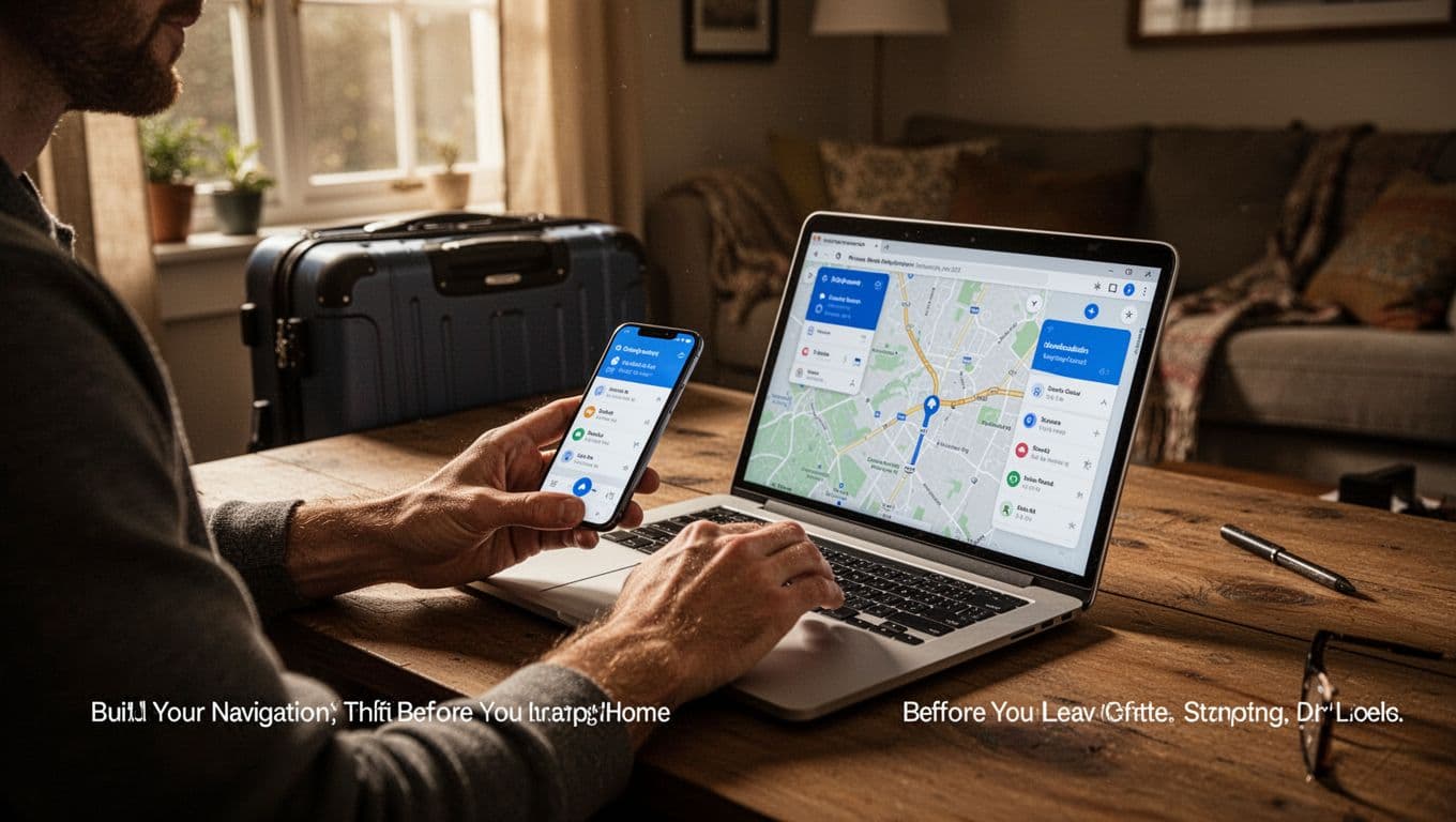 A traveler sits at a cozy home desk with an open laptop and smartphone, downloading navigation apps, suitcase visible in the background, illuminated by window light in a cinematic style with close-up on hands and screens.