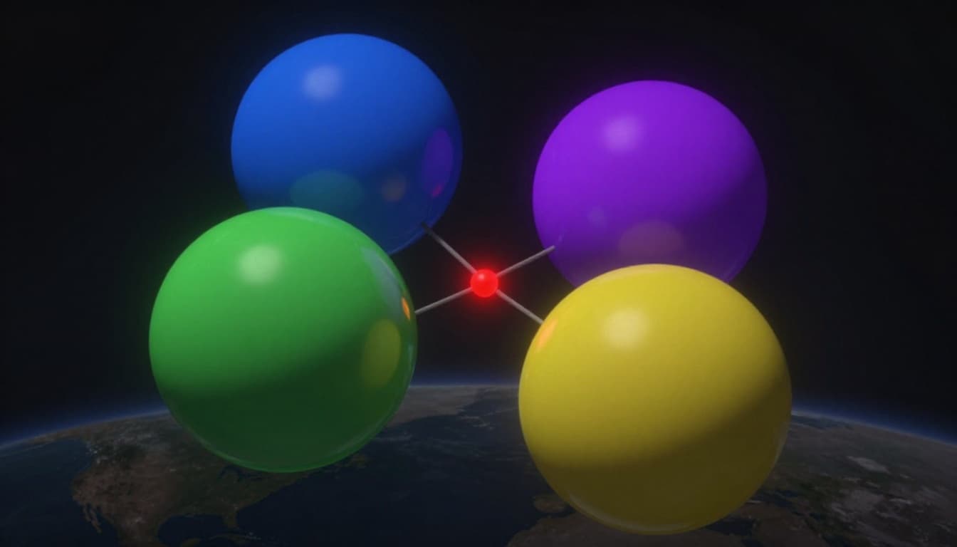 3D visualization of four translucent colored spheres (blue, green, yellow, purple) in dark space intersecting precisely at a glowing red dot on a curved Earth horizon, illustrating pinpoint accuracy in trilateration.