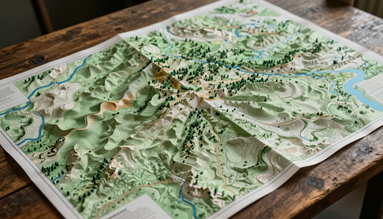 Detailed topographic map unfolded on a rustic wooden table, featuring contour lines for hills and valleys, winding blue rivers, thin trails, and green forest patterns in a cinematic style with dramatic lighting.