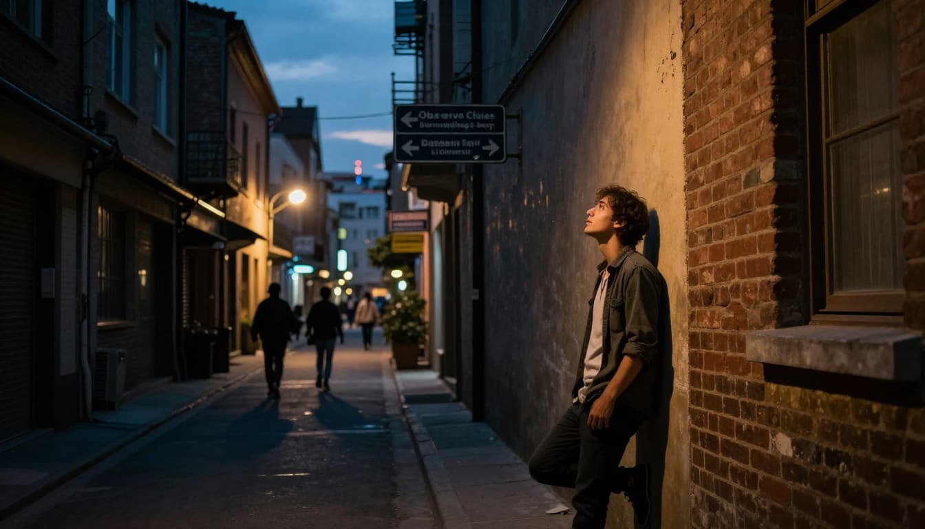 An urban explorer pauses in a narrow alleyway, leaning against the wall breathing deeply while scanning surroundings for clues like distant road signs and background people, amid city buildings at twilight with emerging neon lights. Cinematic composition with strong contrast, dramatic street lamp lighting, and focused depth.