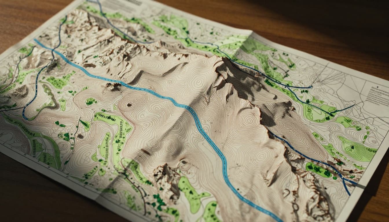 Detailed section of a USGS topographic map on a wooden desk, featuring brown contour lines forming a mountain peak with closed loops and a U-shaped saddle, blue stream, green forest patches, and black road, captured in top-down cinematic style with dramatic lighting.