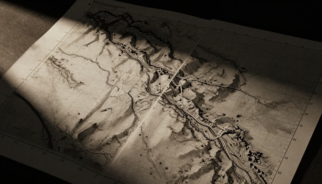 Close-up section of a topographic map showing UTM grid with zone number, easting and northing labels, meter ticks on hilly terrain with paths, under dramatic side lighting.