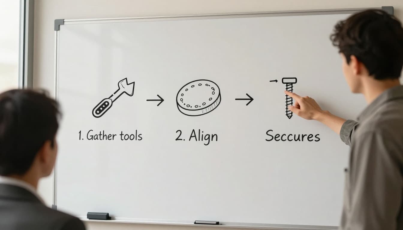 In a modern office with bright window light, a person points to a whiteboard displaying numbered icons for gathering tools, aligning parts, and securing with screws, while an attentive coworker listens from a side angle in cinematic photorealistic style.
